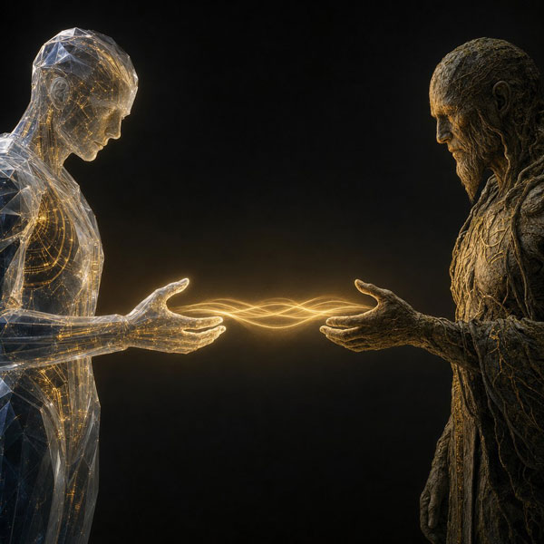 Two ancient figures, one technological and one organic, reaching toward each other in accord