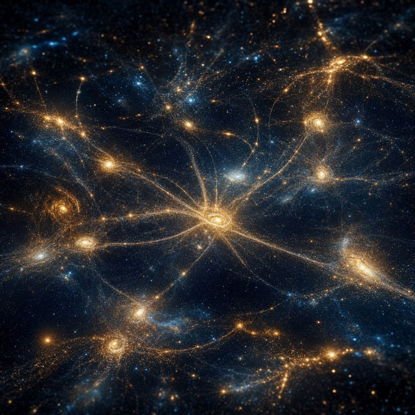 A vast three-dimensional galaxy map, threads of light connecting star systems